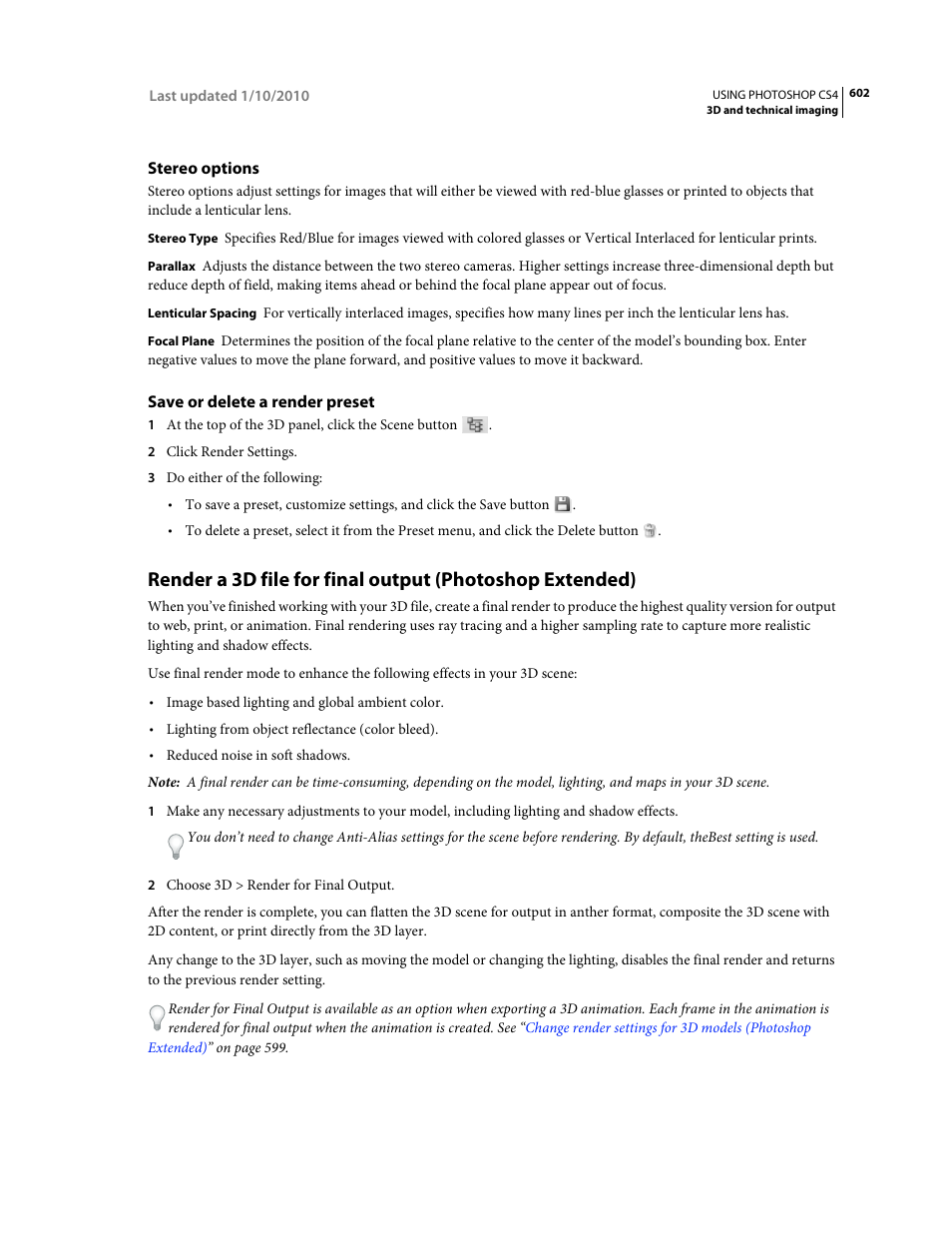 Stereo options, Save or delete a render preset | Adobe Photoshop CS4 User Manual | Page 609 / 707