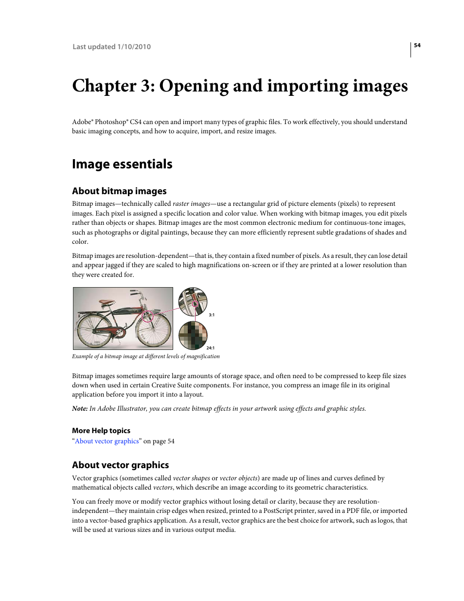 Chapter 3: opening and importing images, Image essentials, About bitmap images | About vector graphics | Adobe Photoshop CS4 User Manual | Page 61 / 707