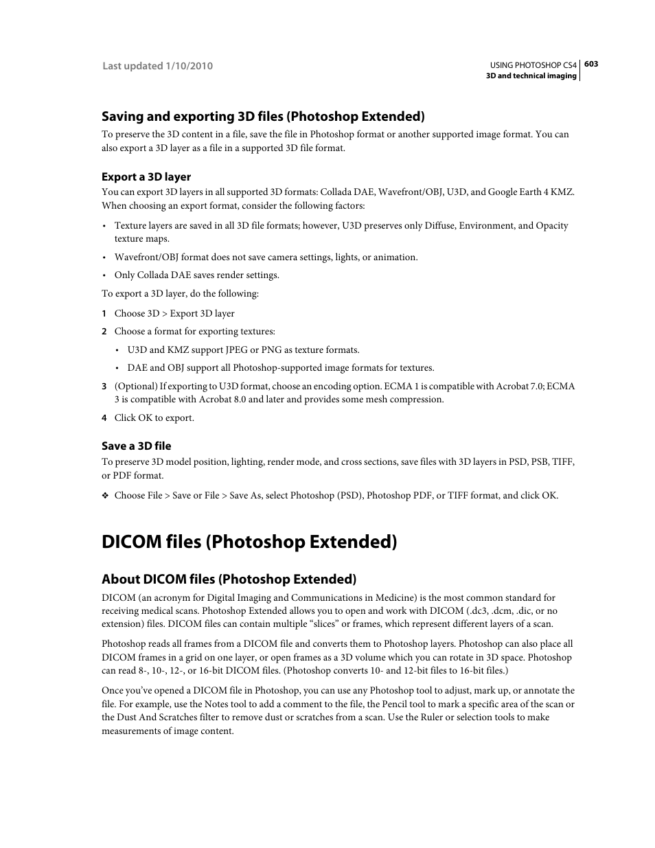 Saving and exporting 3d files (photoshop extended), Export a 3d layer, Save a 3d file | Dicom files (photoshop extended), About dicom files (photoshop extended), Export a 3d, Layer | Adobe Photoshop CS4 User Manual | Page 610 / 707