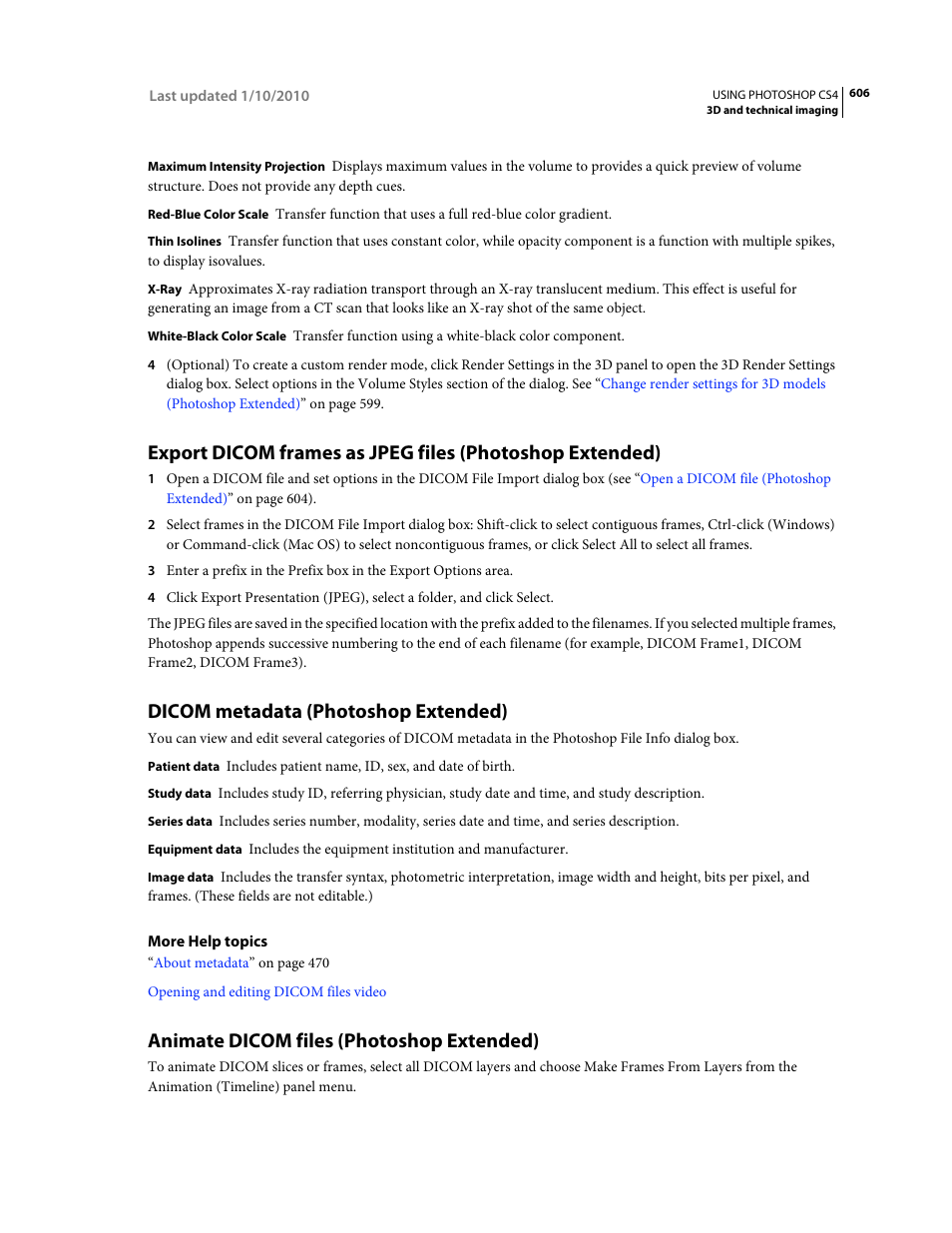 Dicom metadata (photoshop extended), Animate dicom files (photoshop extended) | Adobe Photoshop CS4 User Manual | Page 613 / 707