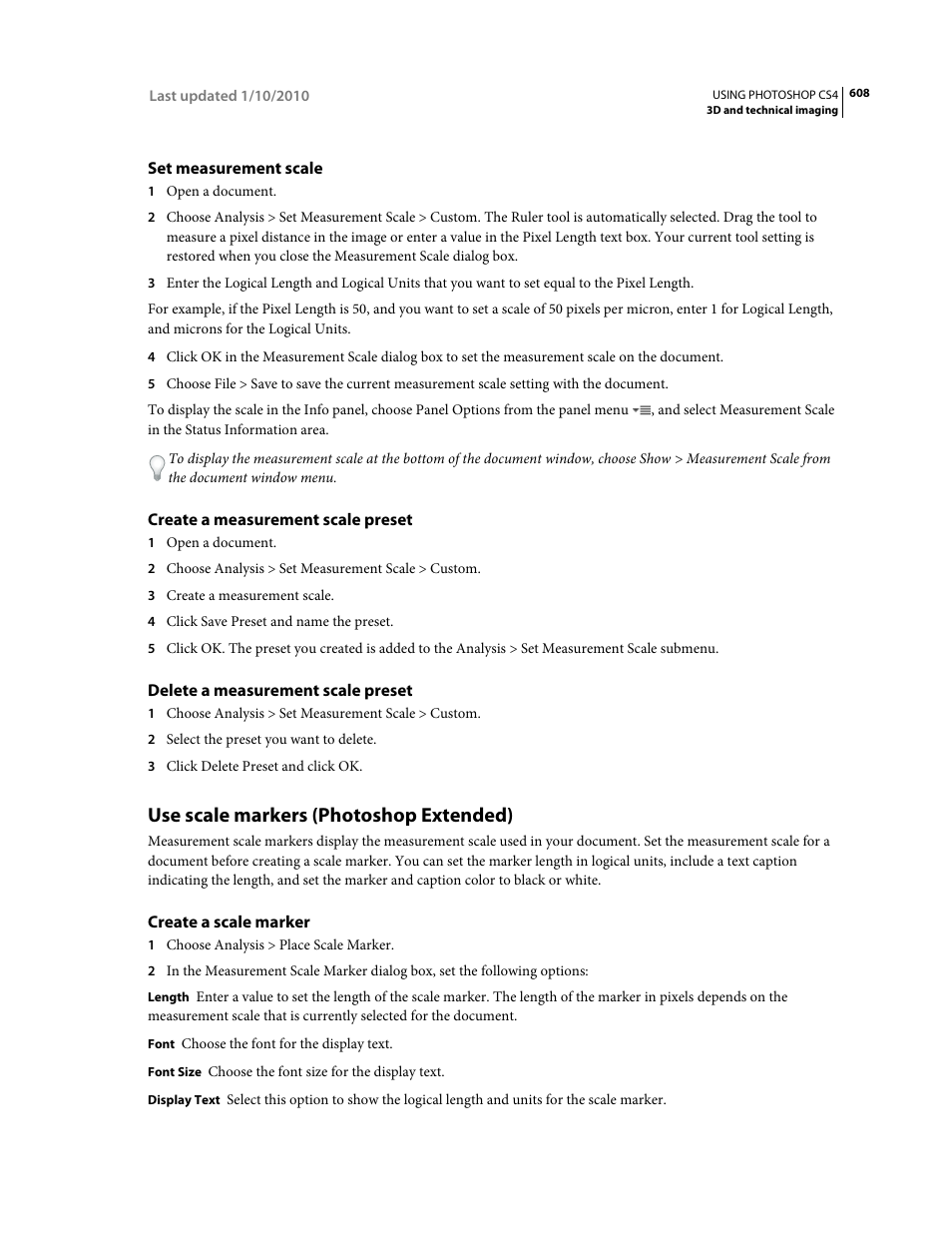 Set measurement scale, Create a measurement scale preset, Delete a measurement scale preset | Use scale markers (photoshop extended), Create a scale marker | Adobe Photoshop CS4 User Manual | Page 615 / 707