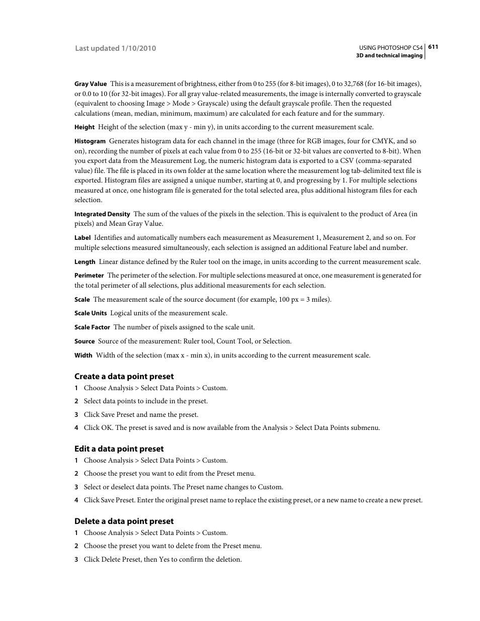 Create a data point preset, Edit a data point preset, Delete a data point preset | Adobe Photoshop CS4 User Manual | Page 618 / 707