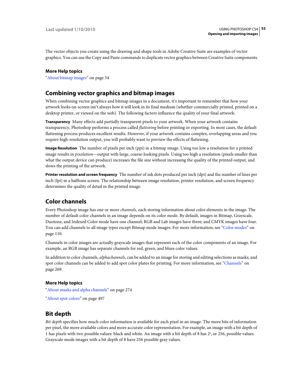 Combining vector graphics and bitmap images, Color channels, Bit depth | Adobe Photoshop CS4 User Manual | Page 62 / 707