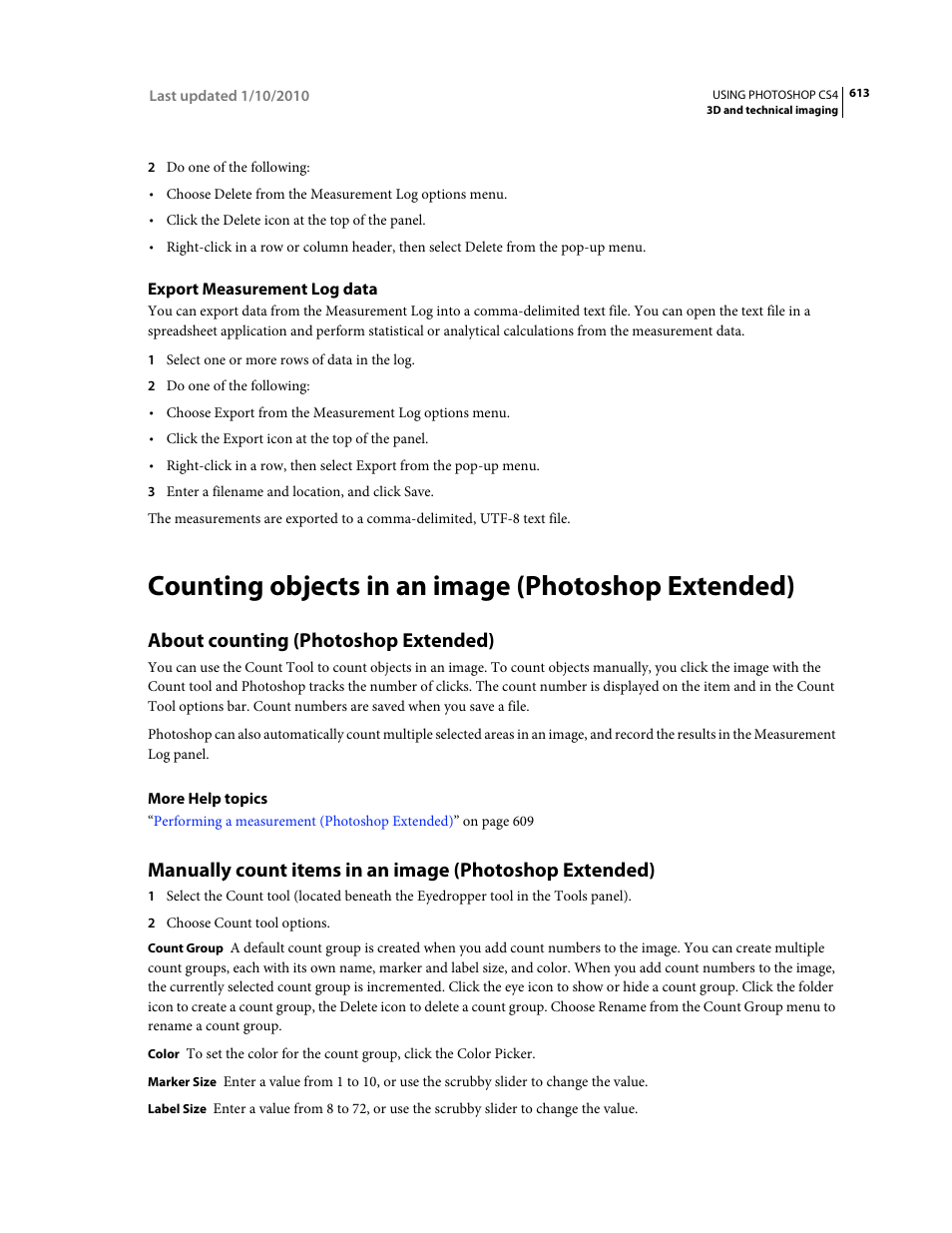 Export measurement log data, Counting objects in an image (photoshop extended), About counting (photoshop extended) | About counting (photoshop, Extended) | Adobe Photoshop CS4 User Manual | Page 620 / 707