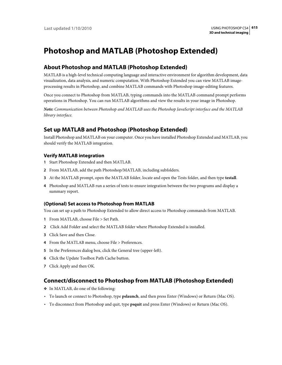 Photoshop and matlab (photoshop extended), About photoshop and matlab (photoshop extended), Set up matlab and photoshop (photoshop extended) | Verify matlab integration, Optional) set access to photoshop from matlab | Adobe Photoshop CS4 User Manual | Page 622 / 707