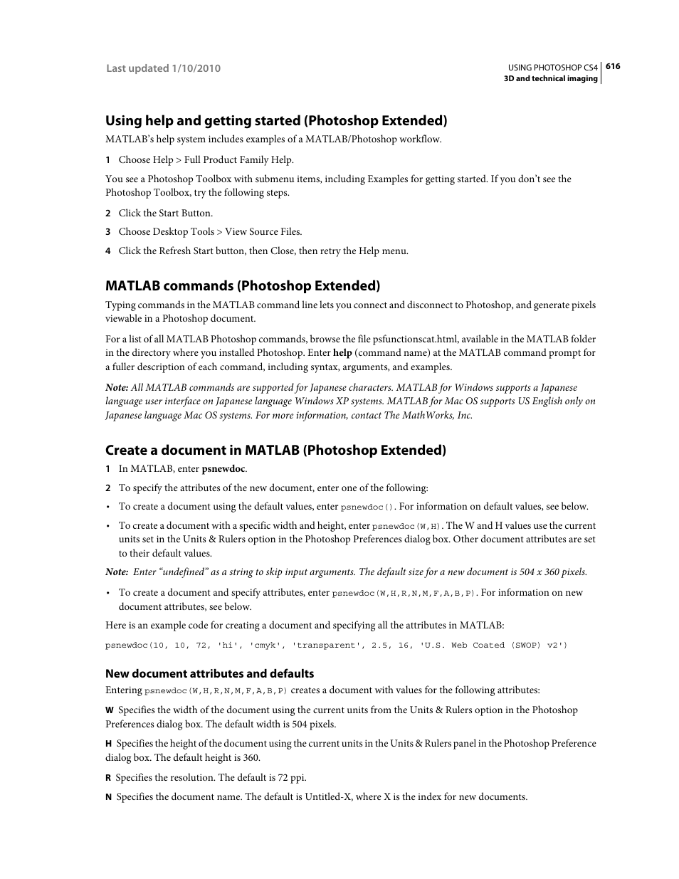 Matlab commands (photoshop extended), Create a document in matlab (photoshop extended), New document attributes and defaults | Adobe Photoshop CS4 User Manual | Page 623 / 707