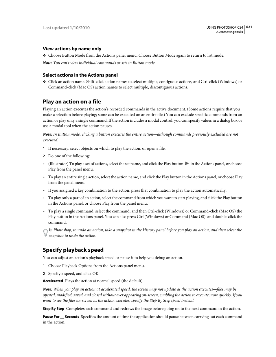 View actions by name only, Select actions in the actions panel, Play an action on a file | Specify playback speed | Adobe Photoshop CS4 User Manual | Page 628 / 707