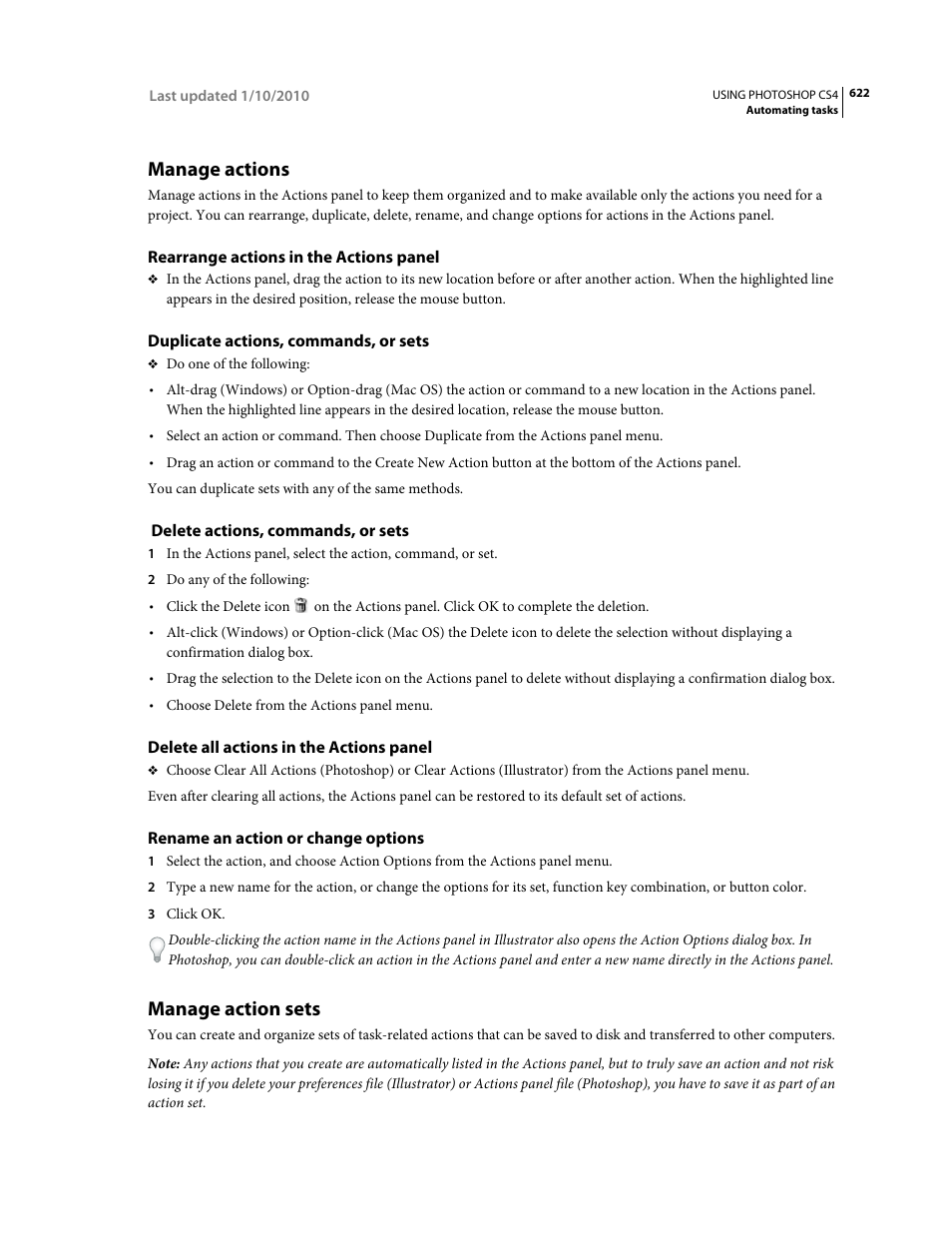 Manage actions, Rearrange actions in the actions panel, Duplicate actions, commands, or sets | Delete actions, commands, or sets, Delete all actions in the actions panel, Rename an action or change options, Manage action sets | Adobe Photoshop CS4 User Manual | Page 629 / 707