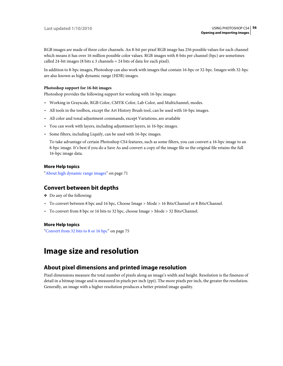 Convert between bit depths, Image size and resolution | Adobe Photoshop CS4 User Manual | Page 63 / 707