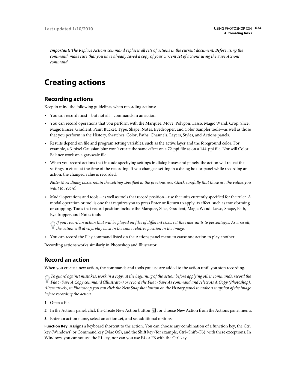 Creating actions, Recording actions, Record an action | Adobe Photoshop CS4 User Manual | Page 631 / 707