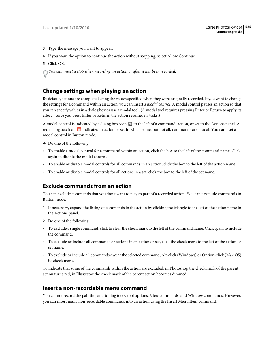 Change settings when playing an action, Exclude commands from an action, Insert a non-recordable menu command | Adobe Photoshop CS4 User Manual | Page 633 / 707