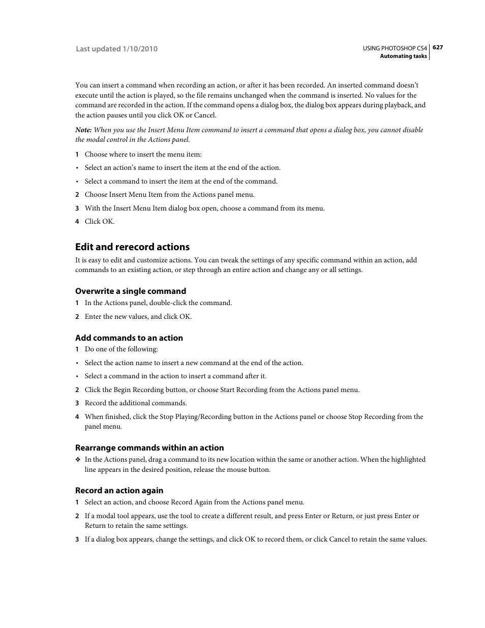 Edit and rerecord actions, Overwrite a single command, Add commands to an action | Rearrange commands within an action, Record an action again | Adobe Photoshop CS4 User Manual | Page 634 / 707