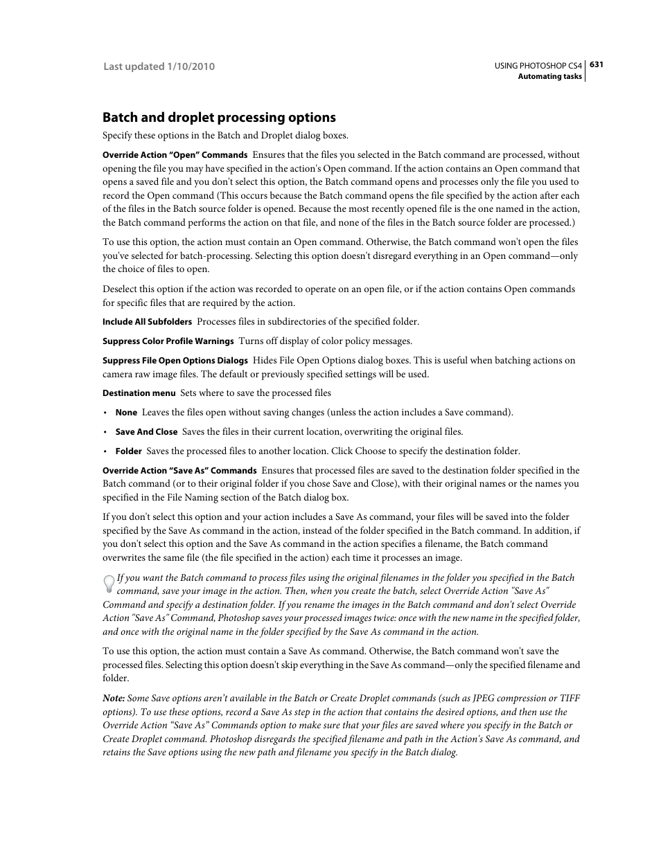 Batch and droplet processing options, Batch and, Droplet processing options | Adobe Photoshop CS4 User Manual | Page 638 / 707