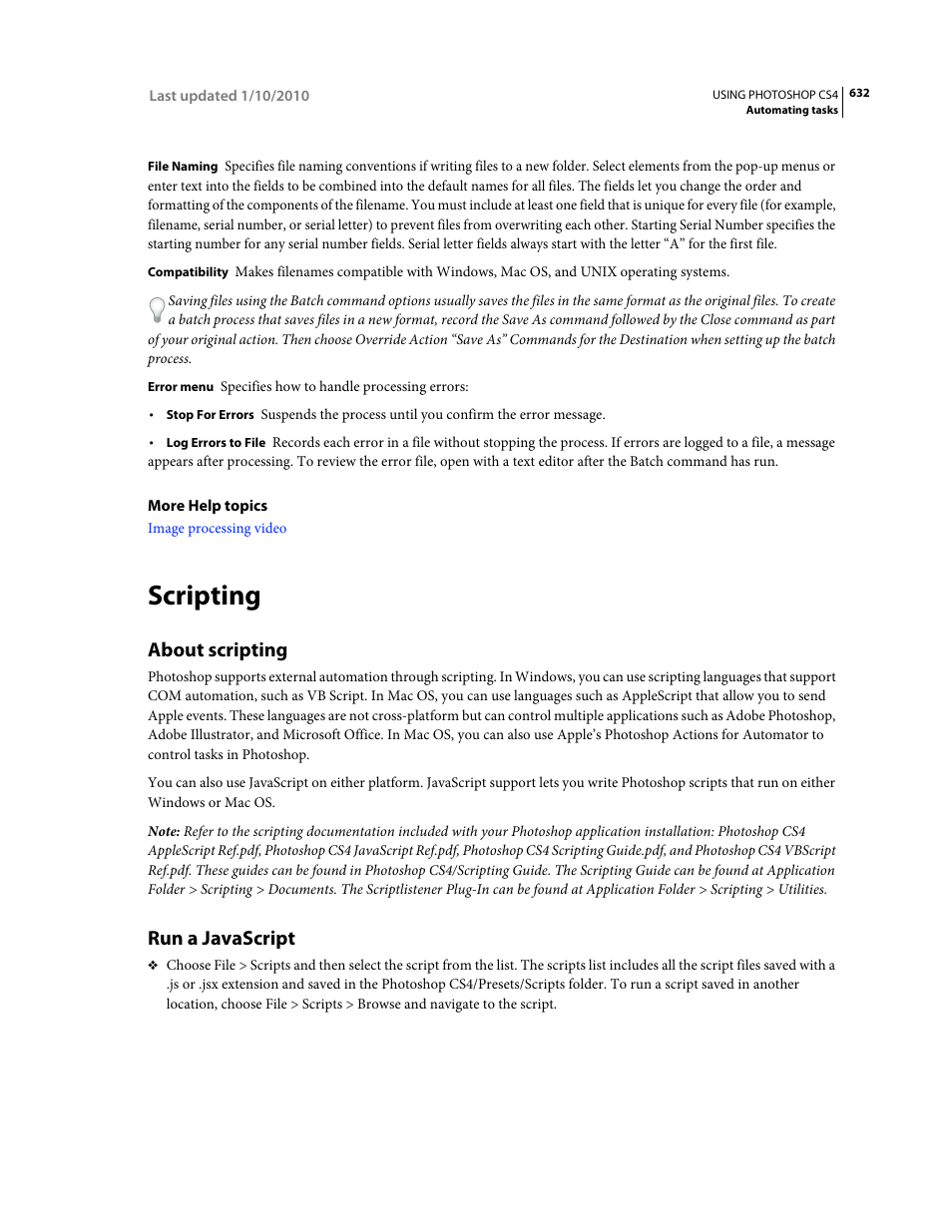 Scripting, About scripting, Run a javascript | Support external automation through scripting (see | Adobe Photoshop CS4 User Manual | Page 639 / 707