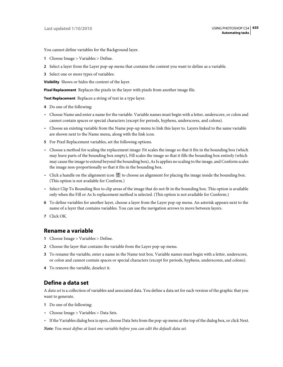 Rename a variable, Define a data set | Adobe Photoshop CS4 User Manual | Page 642 / 707