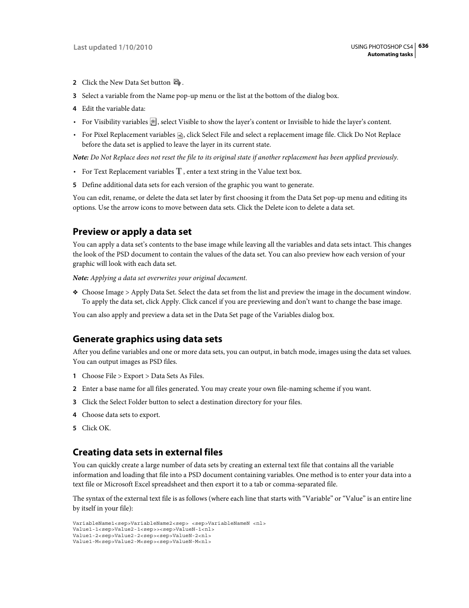 Preview or apply a data set, Generate graphics using data sets, Creating data sets in external files | Preview or apply a data, You can export them as photoshop (psd) files. (see | Adobe Photoshop CS4 User Manual | Page 643 / 707