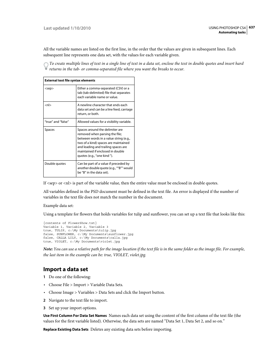 Import a data set | Adobe Photoshop CS4 User Manual | Page 644 / 707