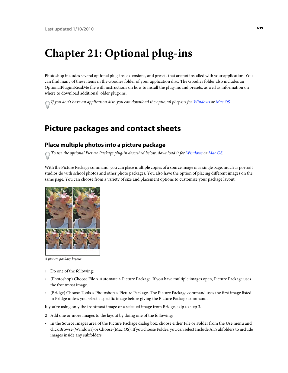 Chapter 21: optional plug-ins, Picture packages and contact sheets, Place multiple photos into a picture package | Adobe Photoshop CS4 User Manual | Page 646 / 707