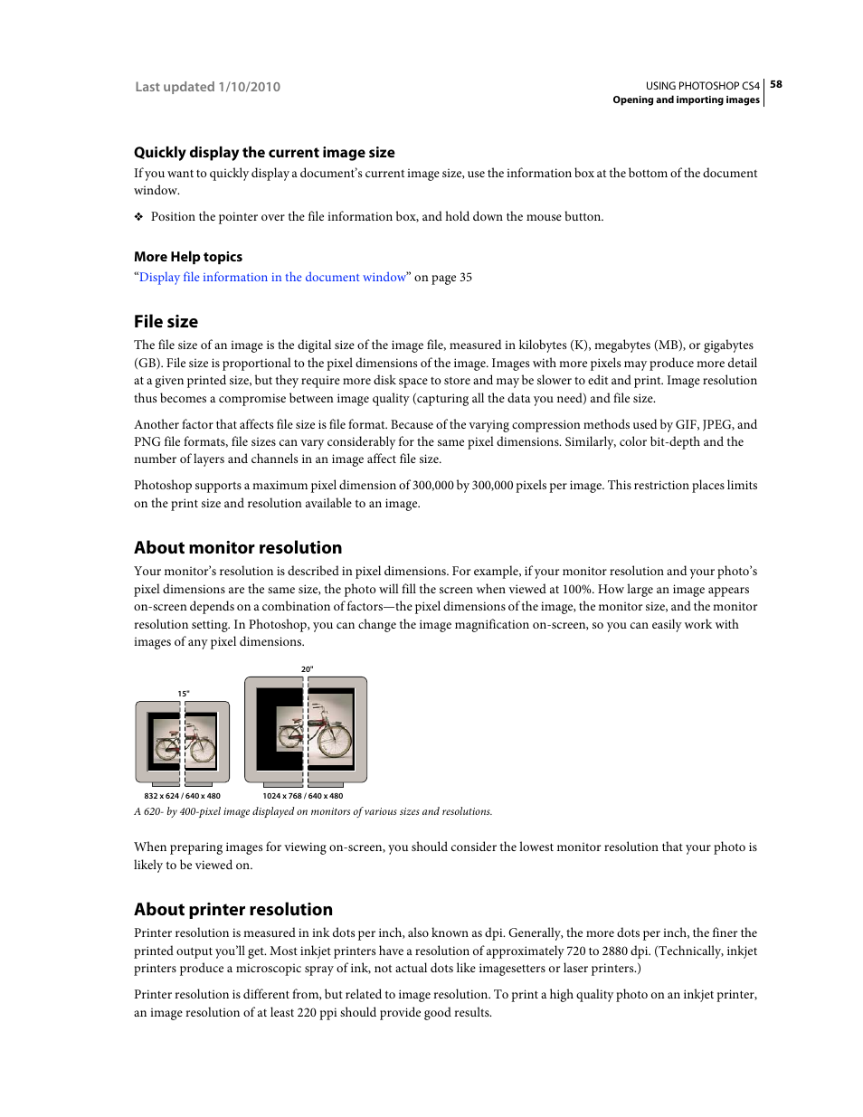 Quickly display the current image size, File size, About monitor resolution | About printer resolution | Adobe Photoshop CS4 User Manual | Page 65 / 707