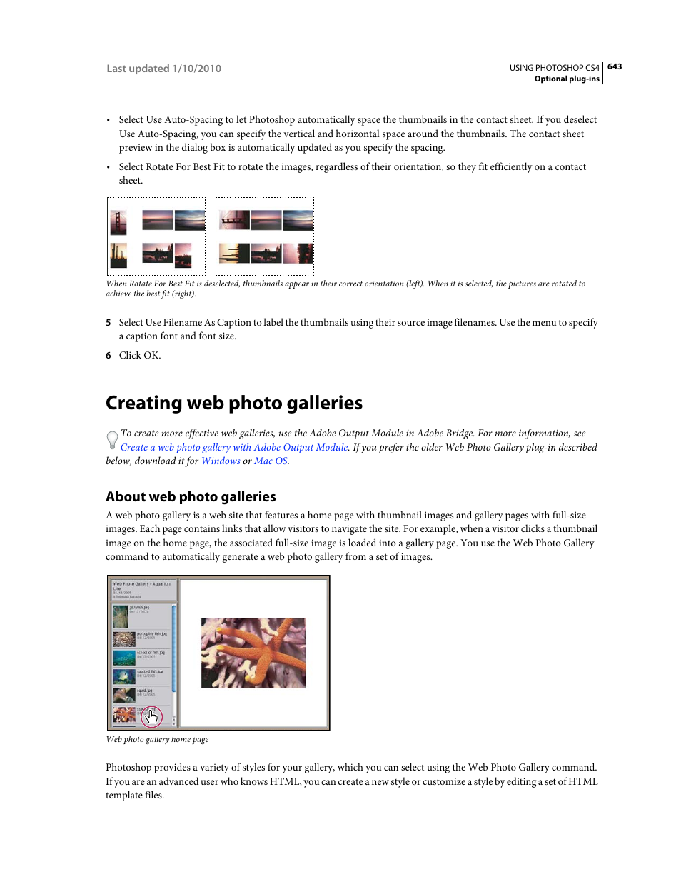 Creating web photo galleries, About web photo galleries | Adobe Photoshop CS4 User Manual | Page 650 / 707