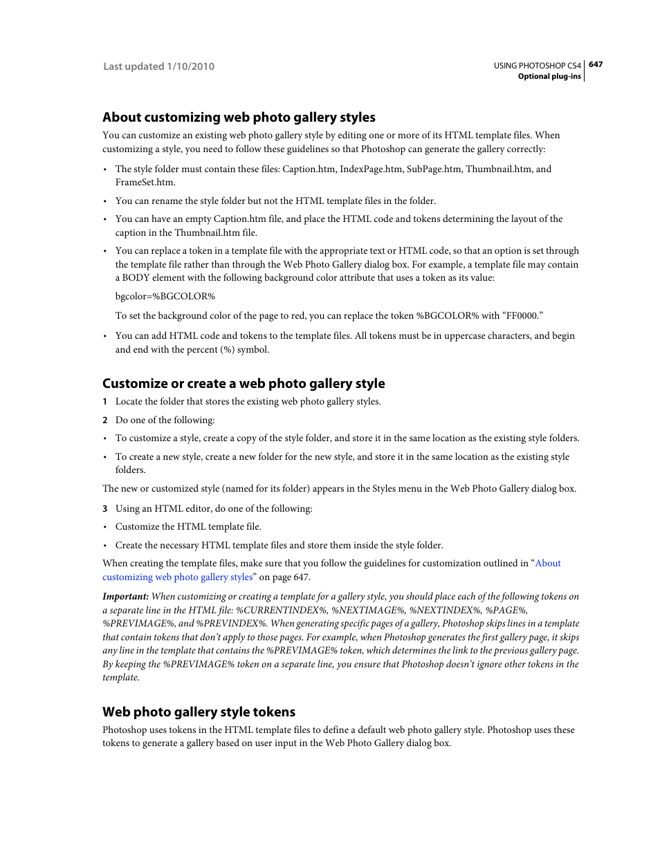 About customizing web photo gallery styles, Customize or create a web photo gallery style, Web photo gallery style tokens | Adobe Photoshop CS4 User Manual | Page 654 / 707