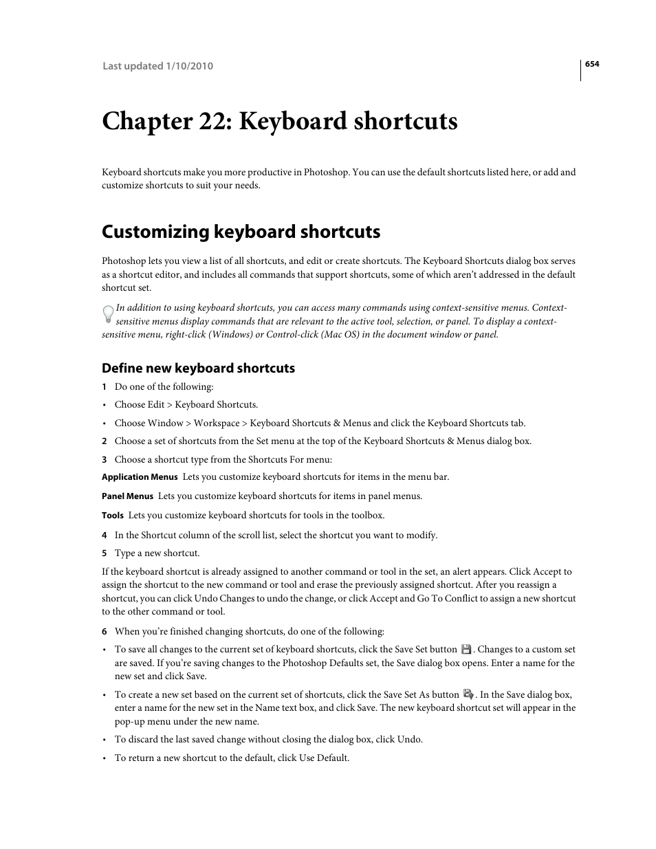 Chapter 22: keyboard shortcuts, Customizing keyboard shortcuts, Define new keyboard shortcuts | Adobe Photoshop CS4 User Manual | Page 661 / 707