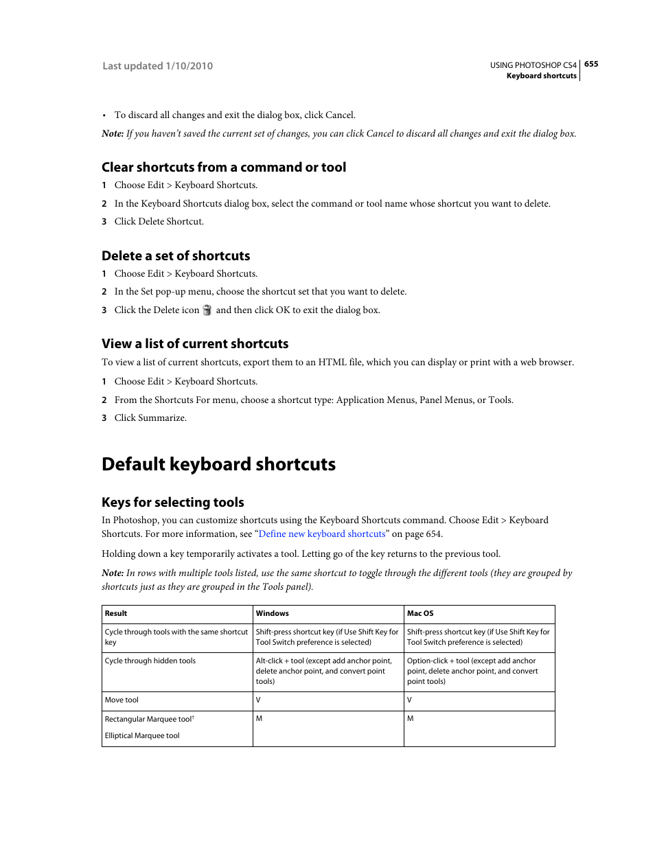 Clear shortcuts from a command or tool, Delete a set of shortcuts, View a list of current shortcuts | Default keyboard shortcuts, Keys for selecting tools | Adobe Photoshop CS4 User Manual | Page 662 / 707