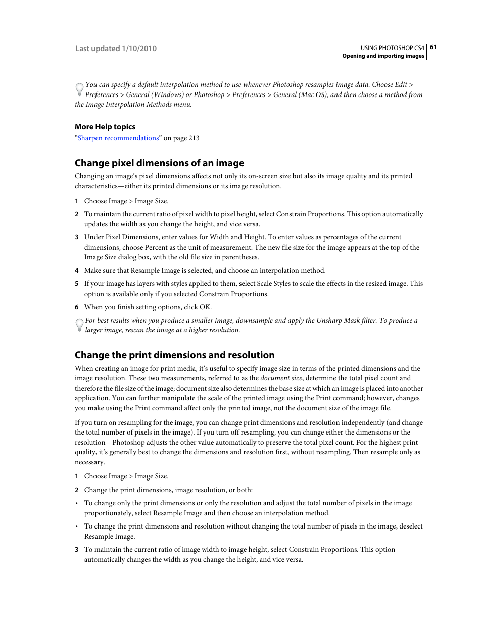 Change pixel dimensions of an image, Change the print dimensions and resolution | Adobe Photoshop CS4 User Manual | Page 68 / 707