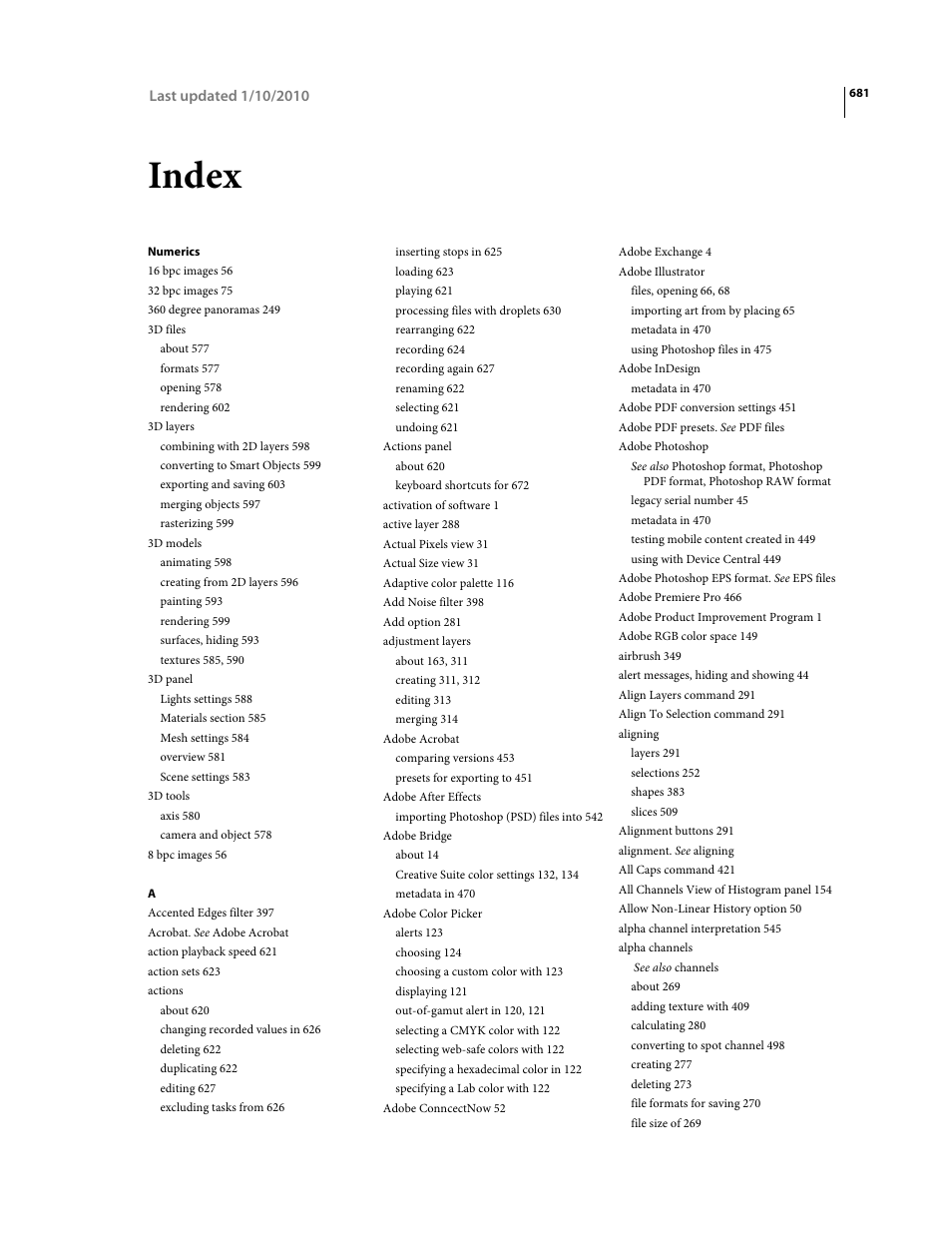 Index, Numerics | Adobe Photoshop CS4 User Manual | Page 688 / 707