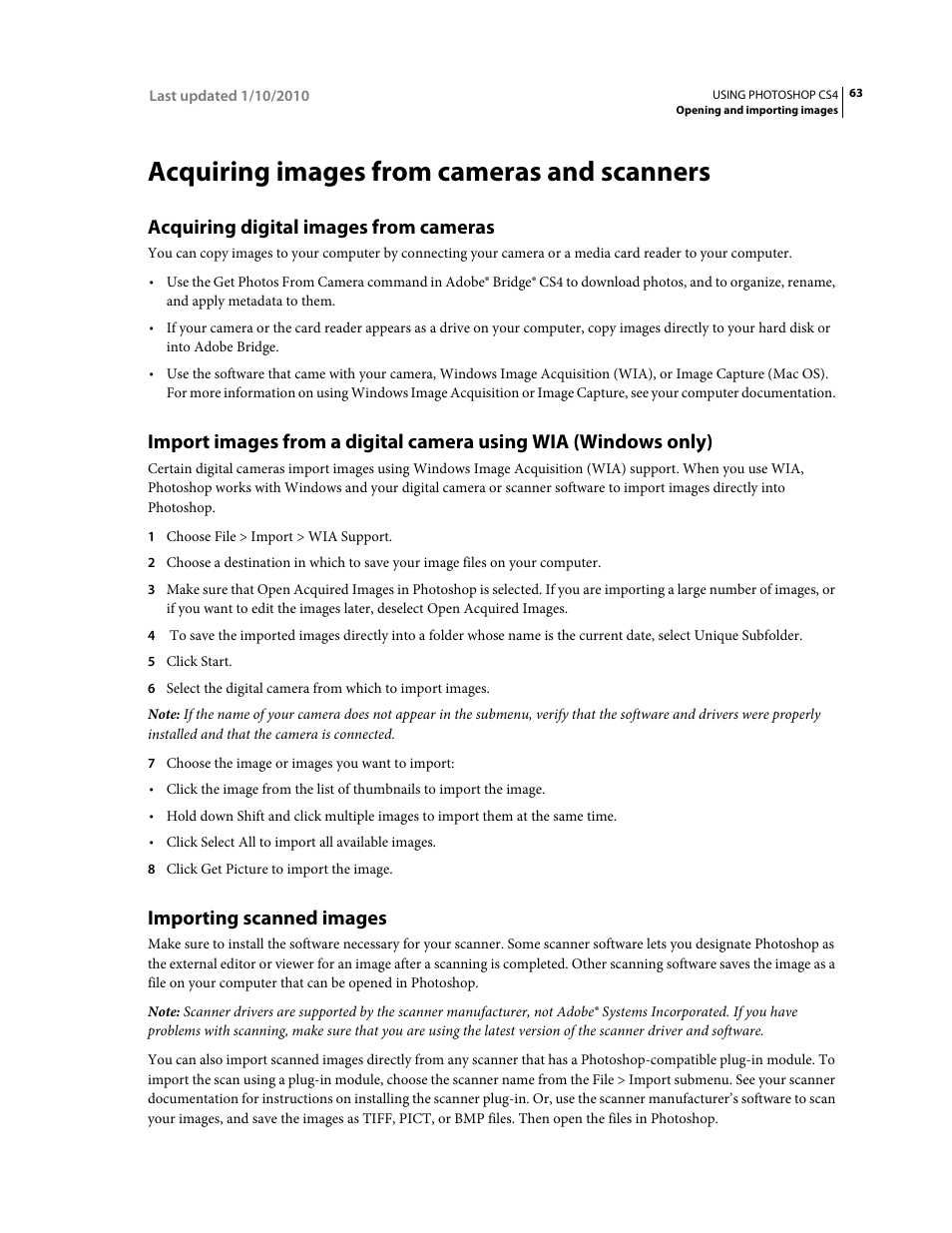 Acquiring images from cameras and scanners, Acquiring digital images from cameras, Importing scanned images | Adobe Photoshop CS4 User Manual | Page 70 / 707