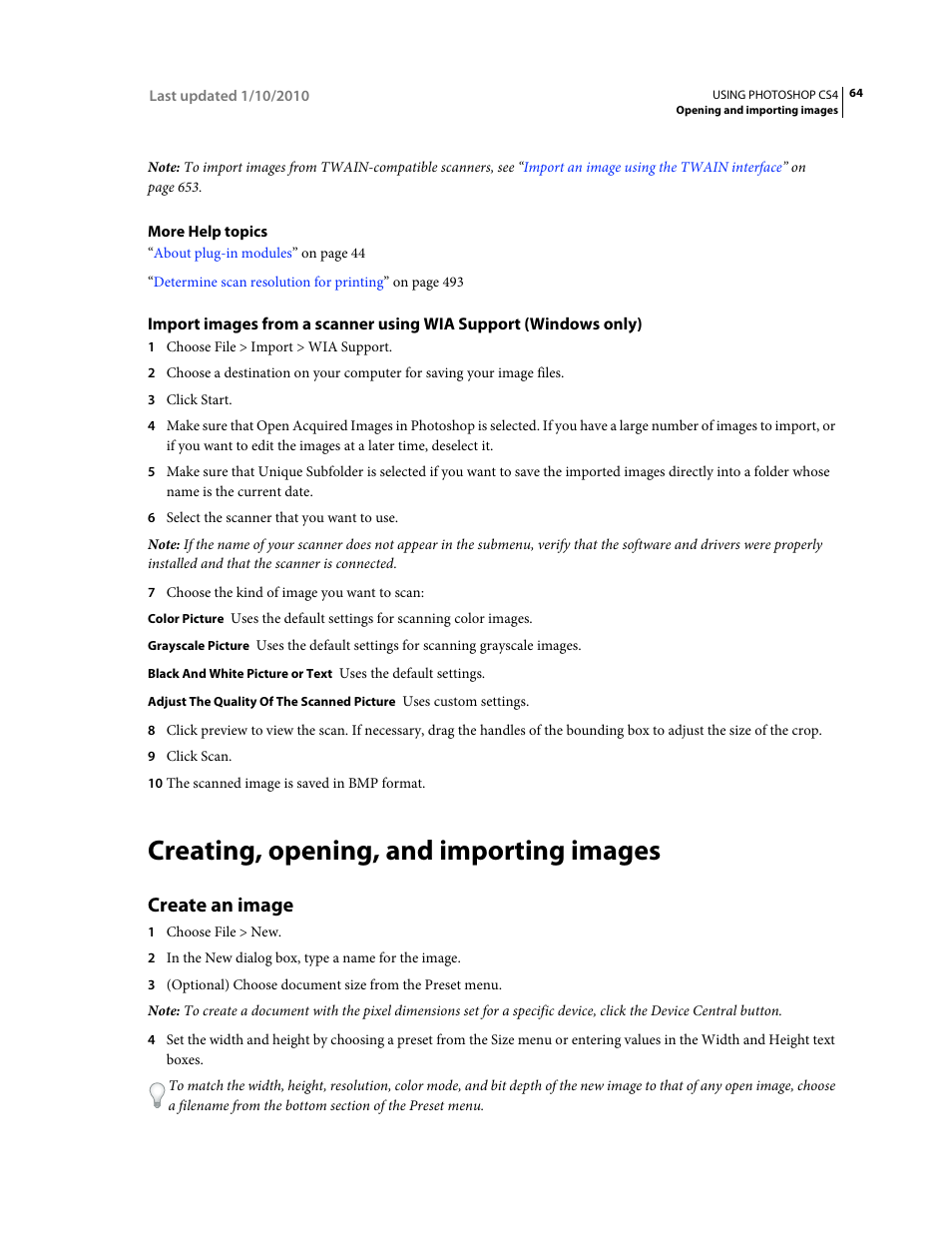 Creating, opening, and importing images, Create an image | Adobe Photoshop CS4 User Manual | Page 71 / 707