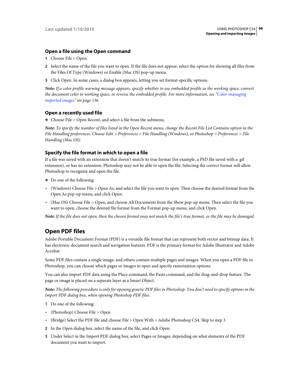 Open a file using the open command, Open a recently used file, Specify the file format in which to open a file | Open pdf files | Adobe Photoshop CS4 User Manual | Page 73 / 707