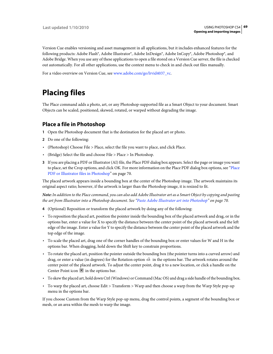 Placing files, Place a file in photoshop | Adobe Photoshop CS4 User Manual | Page 76 / 707