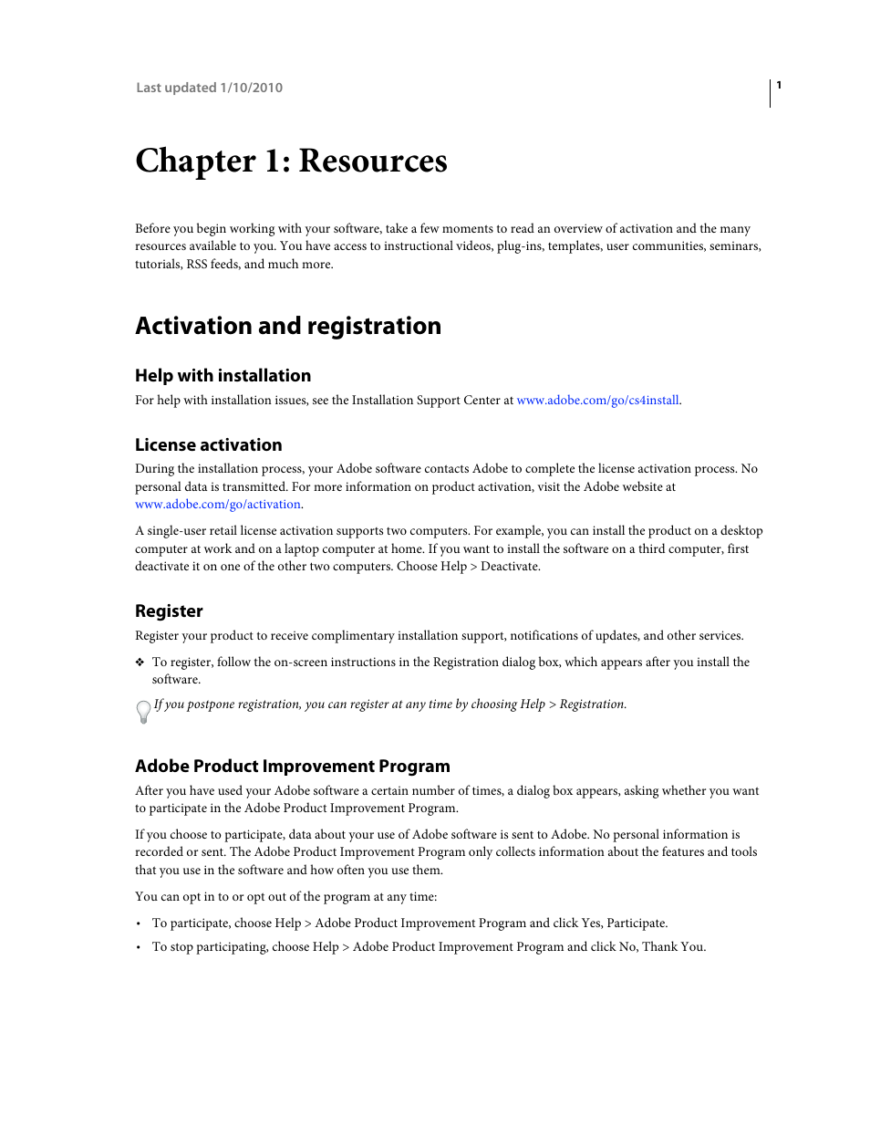 Chapter 1: resources, Activation and registration, Help with installation | License activation, Register, Adobe product improvement program | Adobe Photoshop CS4 User Manual | Page 8 / 707