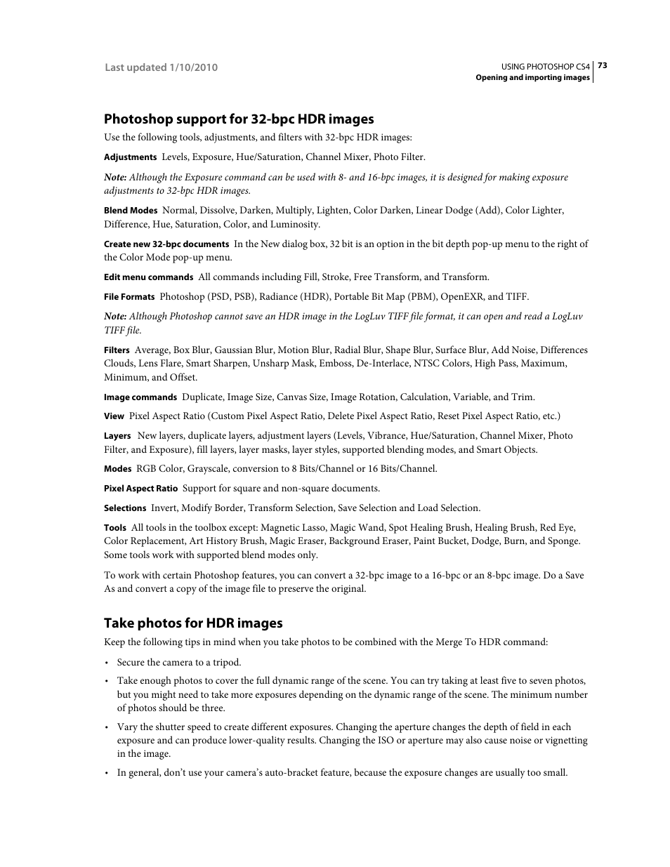 Photoshop support for 32-bpc hdr images, Take photos for hdr images | Adobe Photoshop CS4 User Manual | Page 80 / 707