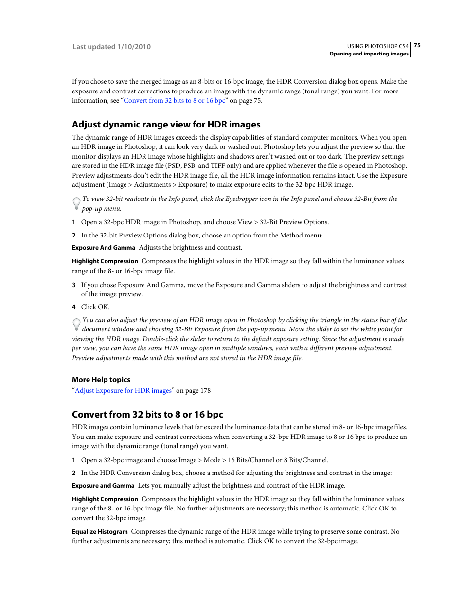 Adjust dynamic range view for hdr images, Convert from 32 bits to 8 or 16 bpc | Adobe Photoshop CS4 User Manual | Page 82 / 707