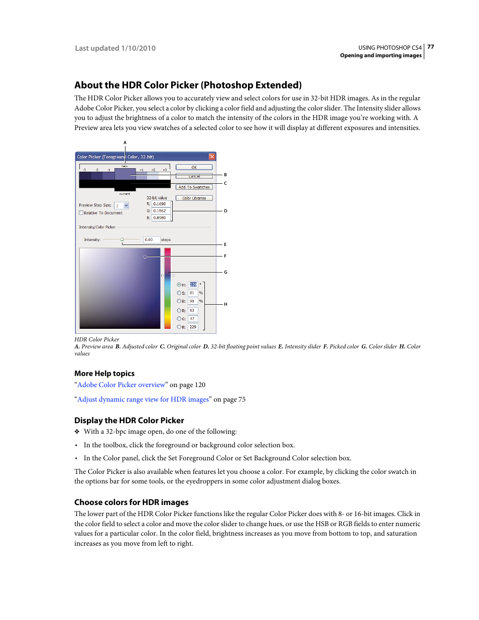 About the hdr color picker (photoshop extended), Display the hdr color picker, Choose colors for hdr images | About the, Hdr color picker (photoshop extended) | Adobe Photoshop CS4 User Manual | Page 84 / 707