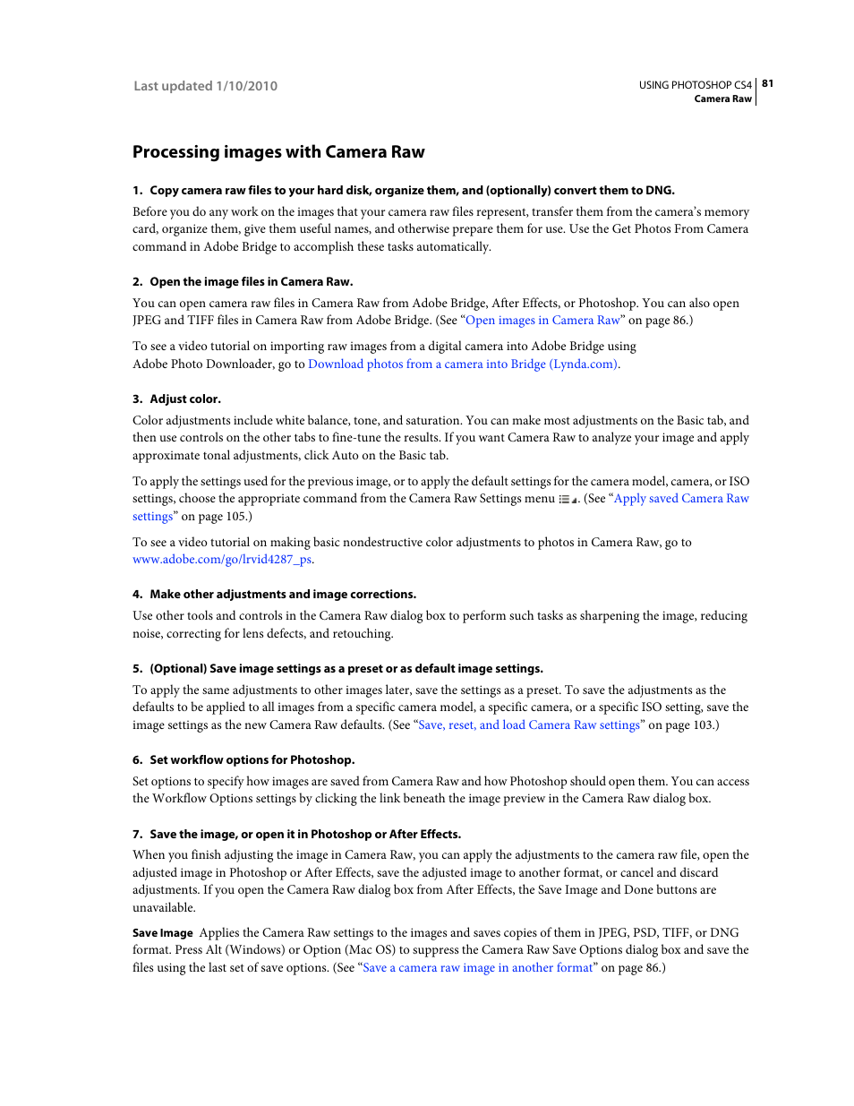 Processing images with camera raw | Adobe Photoshop CS4 User Manual | Page 88 / 707