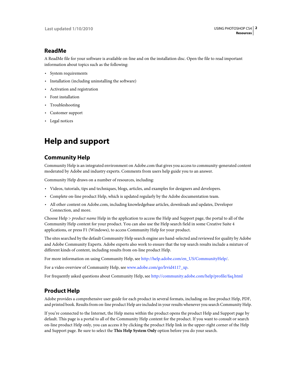 Readme, Help and support, Community help | Product help | Adobe Photoshop CS4 User Manual | Page 9 / 707