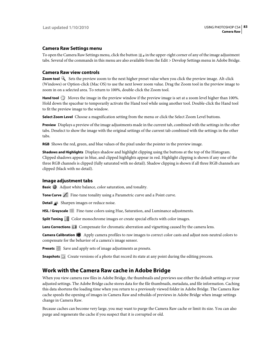 Camera raw settings menu, Camera raw view controls, Image adjustment tabs | Work with the camera raw cache in adobe bridge | Adobe Photoshop CS4 User Manual | Page 90 / 707