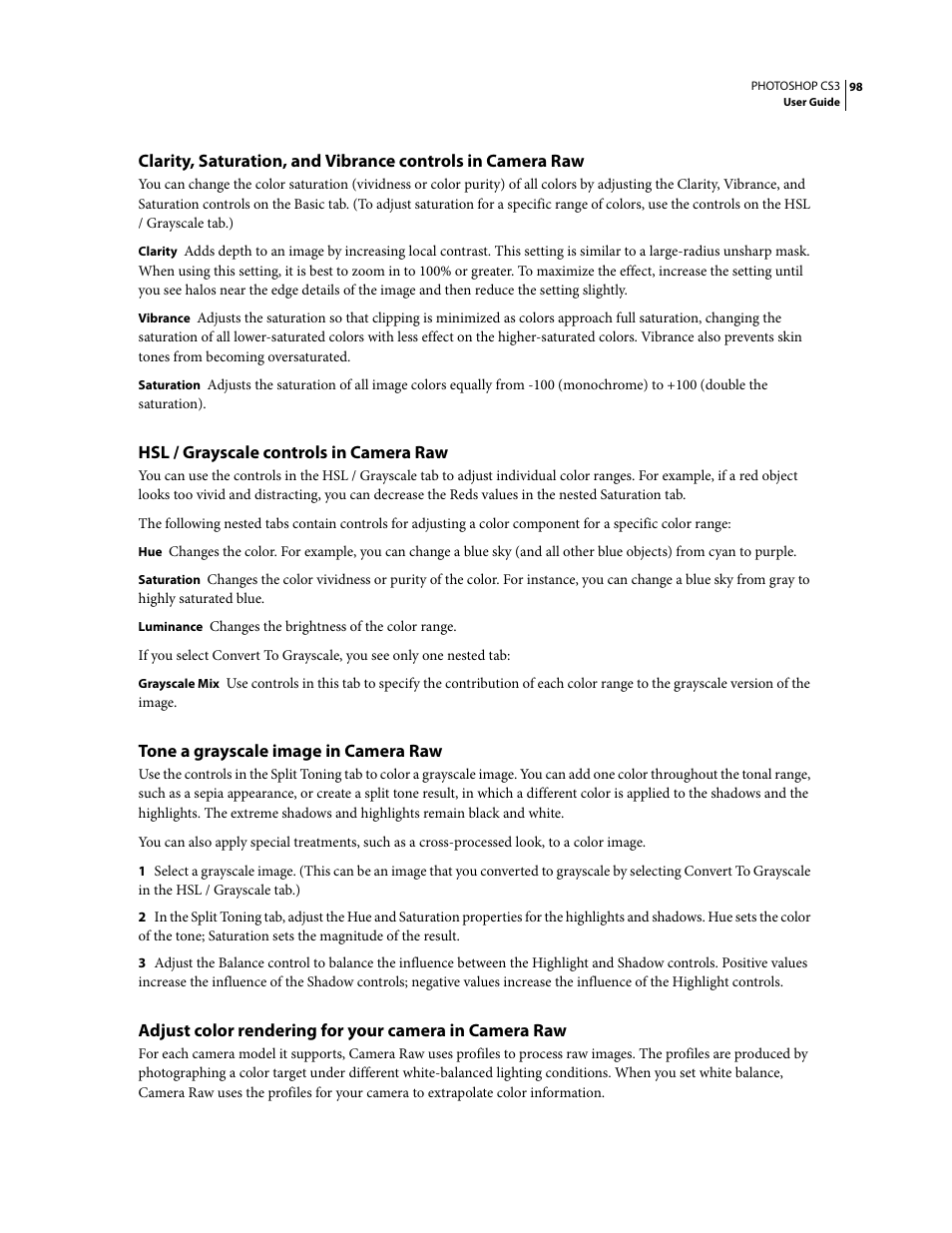 Hsl / grayscale controls in camera raw, Tone a grayscale image in camera raw | Adobe Photoshop CS3 User Manual | Page 105 / 681