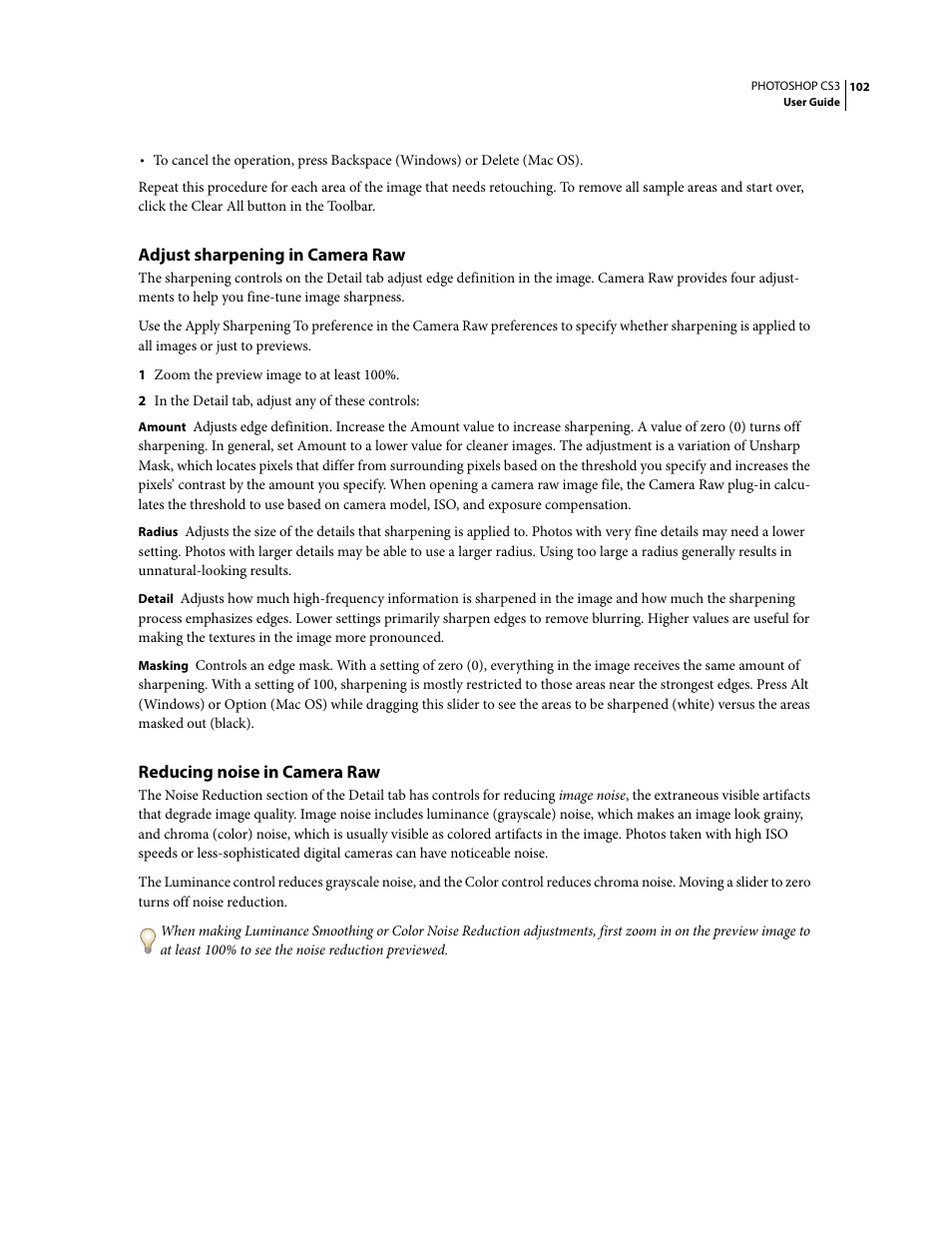 Adjust sharpening in camera raw, Reducing noise in camera raw | Adobe Photoshop CS3 User Manual | Page 109 / 681