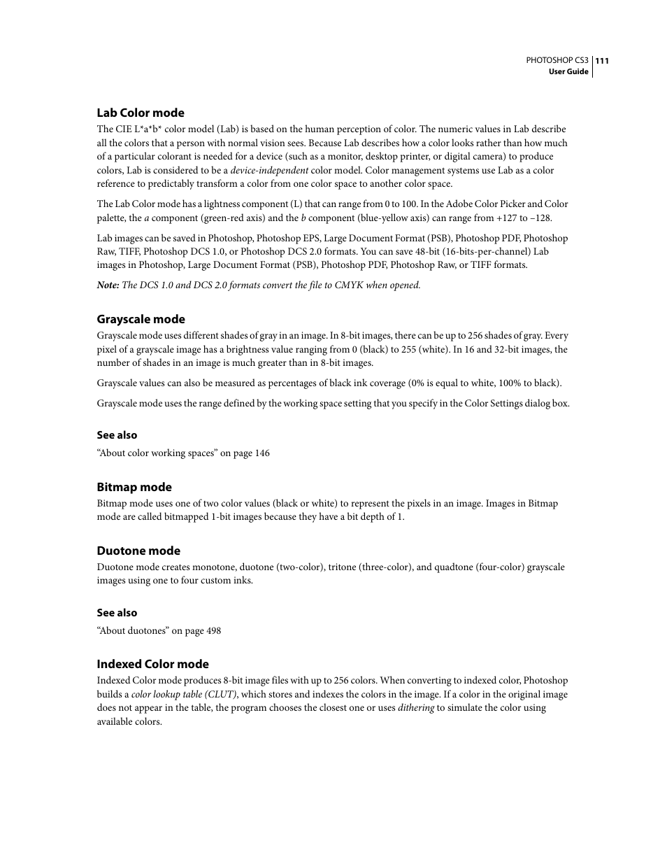 Lab color mode, Grayscale mode, Bitmap mode | Duotone mode, Indexed color mode | Adobe Photoshop CS3 User Manual | Page 118 / 681