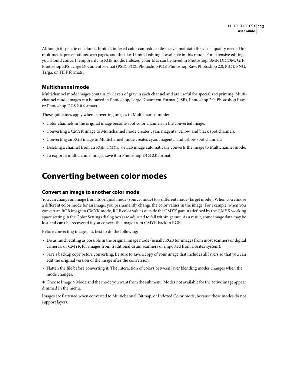 Multichannel mode, Converting between color modes, Convert an image to another color mode | Adobe Photoshop CS3 User Manual | Page 119 / 681