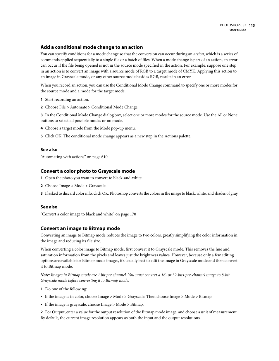 Add a conditional mode change to an action, Convert a color photo to grayscale mode, Convert an image to bitmap mode | Adobe Photoshop CS3 User Manual | Page 120 / 681