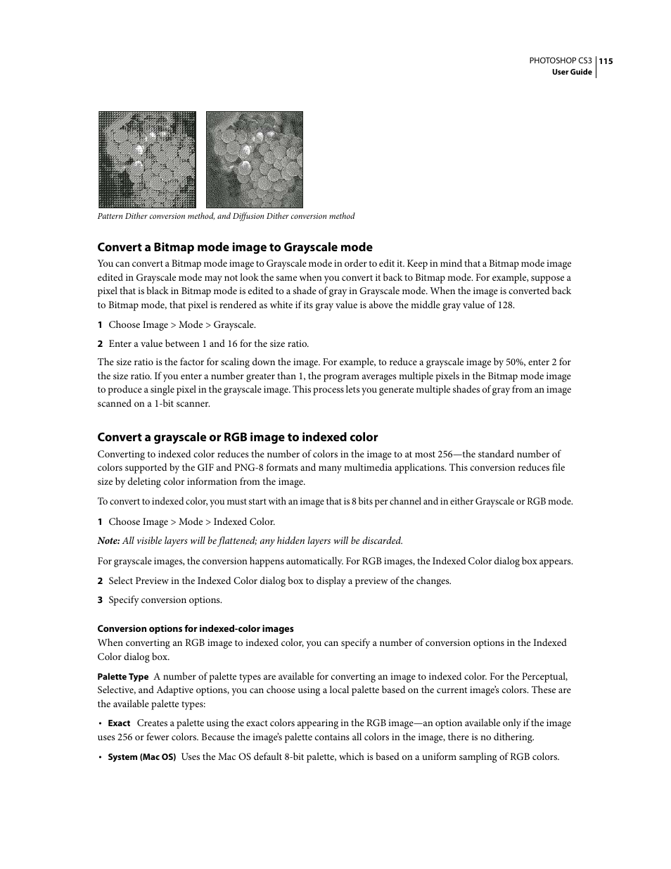 Convert a bitmap mode image to grayscale mode, Convert a grayscale or rgb image to indexed color | Adobe Photoshop CS3 User Manual | Page 122 / 681