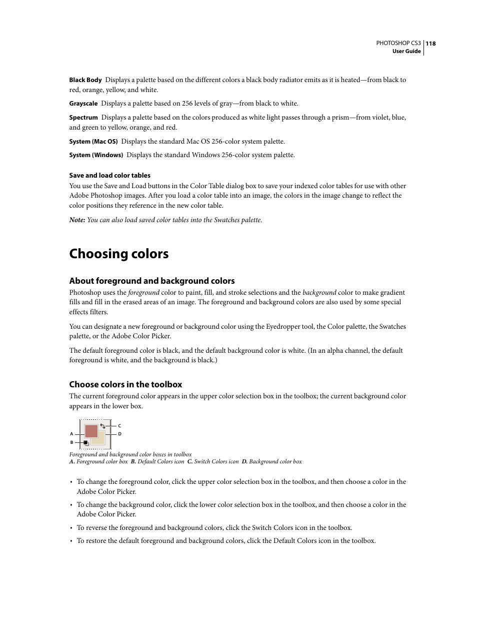 Choosing colors, About foreground and background colors, Choose colors in the toolbox | Adobe Photoshop CS3 User Manual | Page 125 / 681