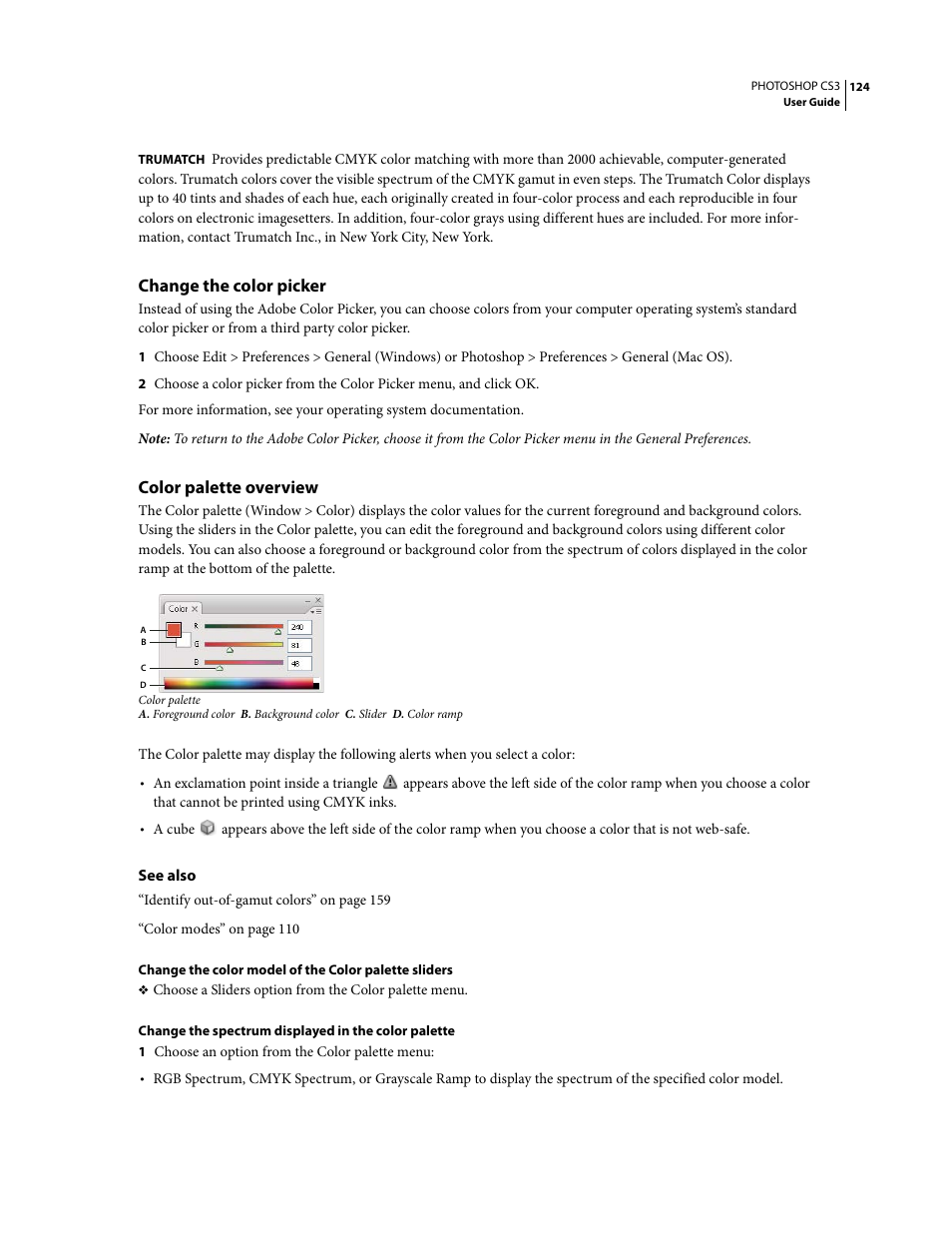 Change the color picker, Color palette overview | Adobe Photoshop CS3 User Manual | Page 131 / 681