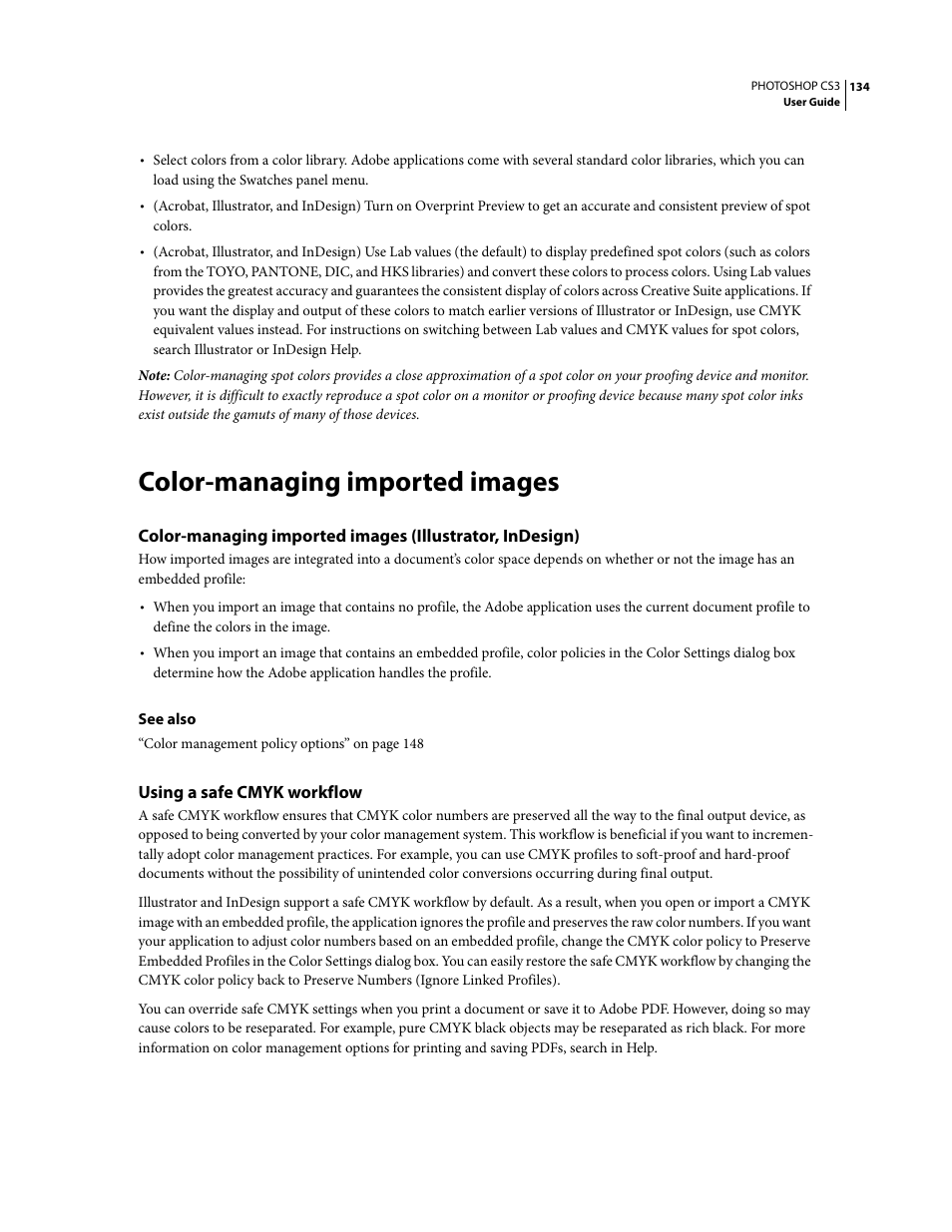 Color-managing imported images, Using a safe cmyk workflow | Adobe Photoshop CS3 User Manual | Page 141 / 681