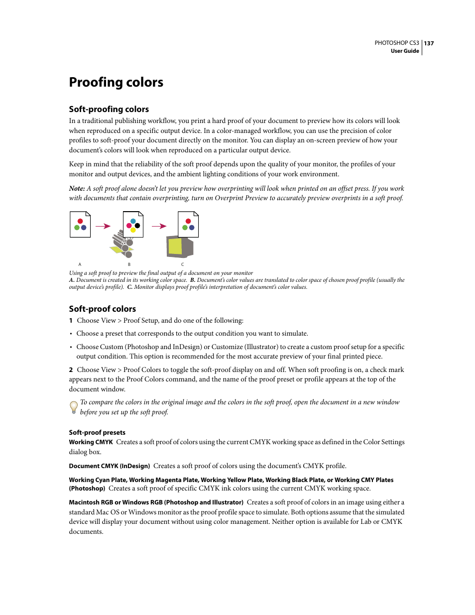 Proofing colors, Soft-proofing colors, Soft-proof colors | Adobe Photoshop CS3 User Manual | Page 144 / 681